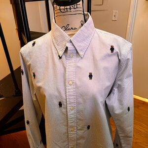 Ralph Lauren White and Blue Embroidered Button-Down Shirt